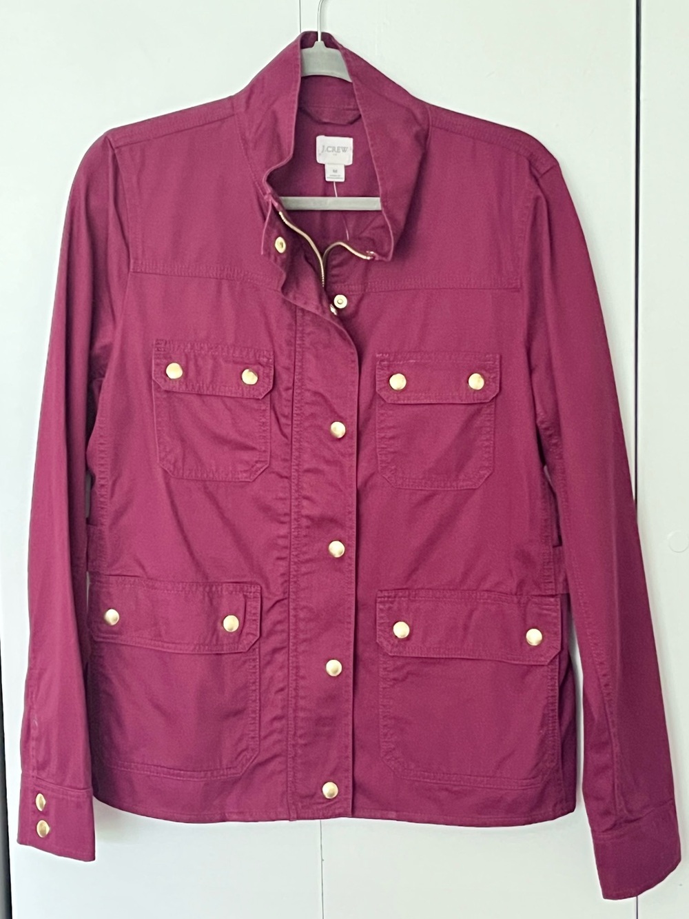 J. Crew Factory magenta utility jacket with gold snaps